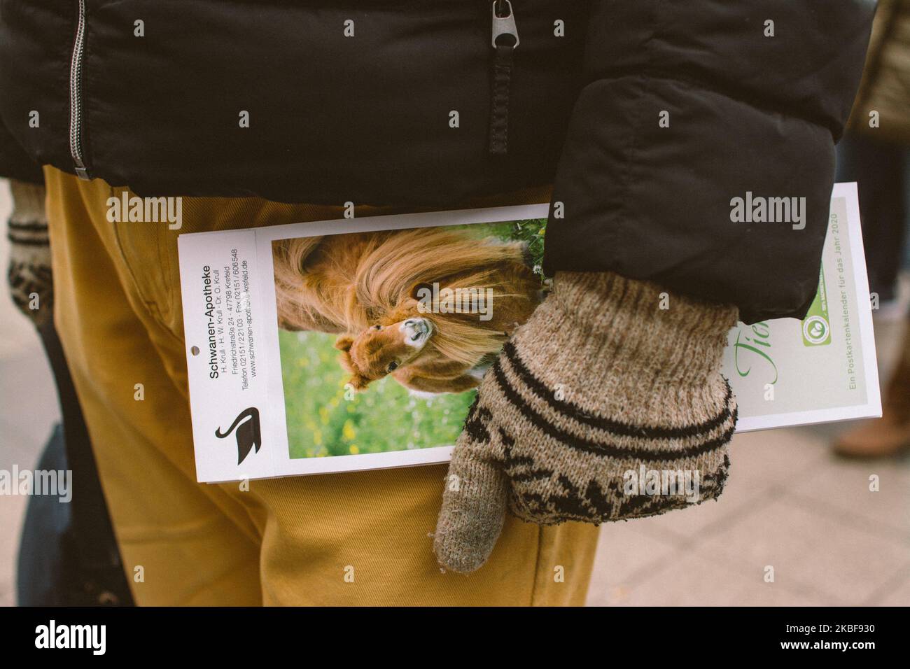 A man hold a pamphlet of Krefeld zoo in the rally in front of Krefeld town hall, Germany, on 24 January 2020. (Photo by Ying Tang/NurPhoto) Stock Photo