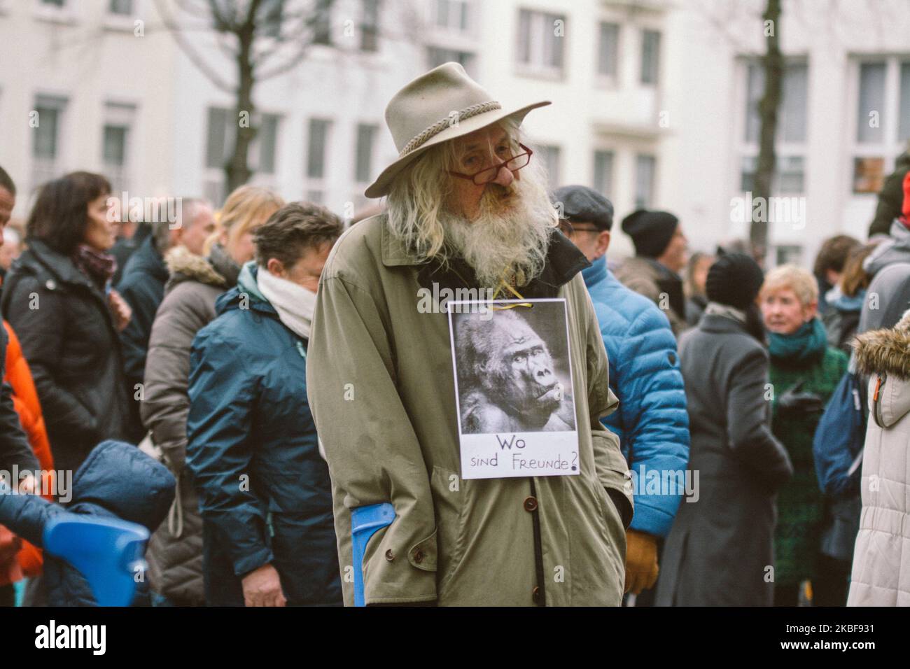 A participator holds a placard in the rally for Krefeld zoo in front of Krefeld town hall, Germany, on 24 January 2020. (Photo by Ying Tang/NurPhoto) Stock Photo