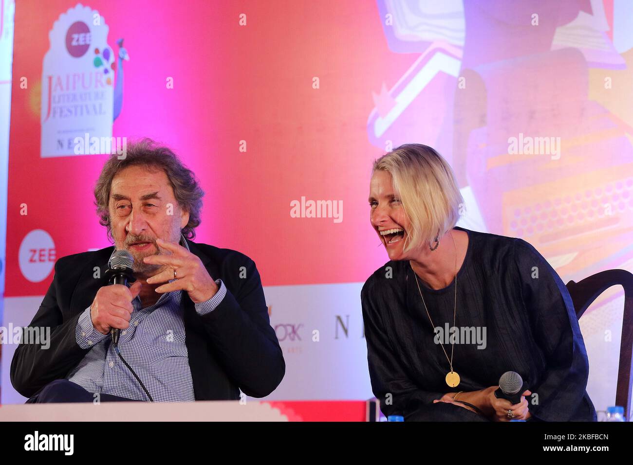 British Novelist Howard Jacobson and American Author Elizabeth Gilbert speaks during Jaipur Literature Festival at Diggi Palace in Jaipur, Rajasthan, India, Jan 25,2020. (Photo By Vishal Bhatnagar/NurPhoto) (Photo by Vishal Bhatnagar/NurPhoto) Stock Photo