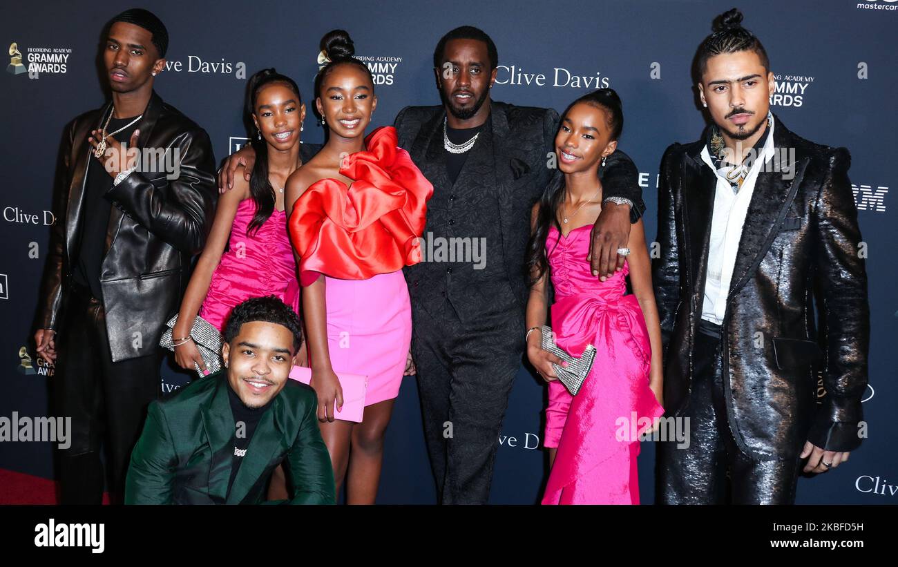 BEVERLY HILLS, LOS ANGELES, CALIFORNIA, USA - JANUARY 25: Christian Casey Combs, Jessie James Combs, Justin Dior Combs, Chance Combs, Sean Diddy Combs, D'Lila Star Combs and Quincy Taylor Brown arrive at The Recording Academy And Clive Davis' 2020 Pre-GRAMMY Gala held at The Beverly Hilton Hotel on January 25, 2020 in Beverly Hills, Los Angeles, California, United States. (Photo by Xavier Collin/Image Press Agency/NurPhoto) Stock Photo