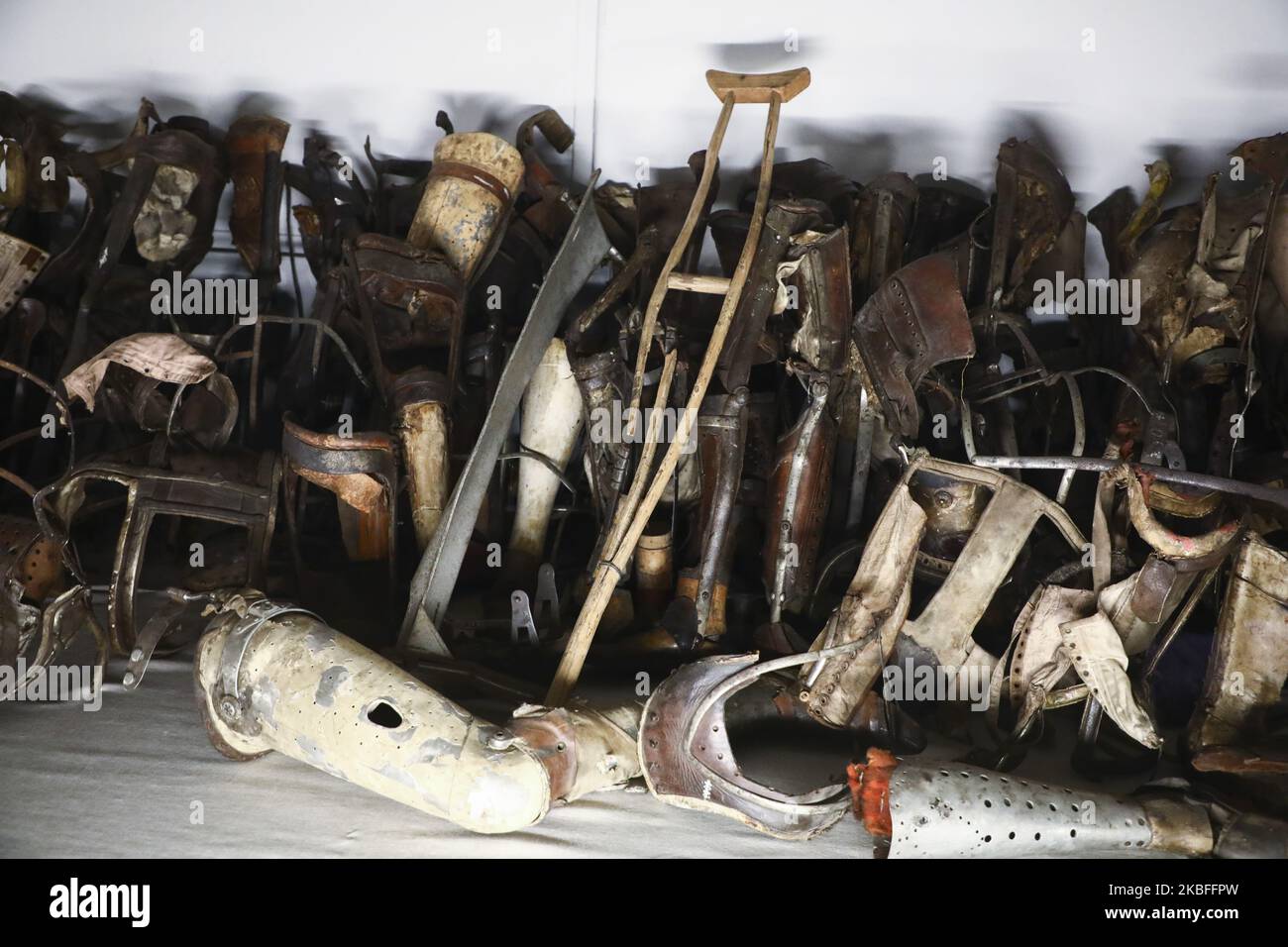 Prisoners' prosthetic legs and crutches at the permanent exhibition displayed at the Museum of