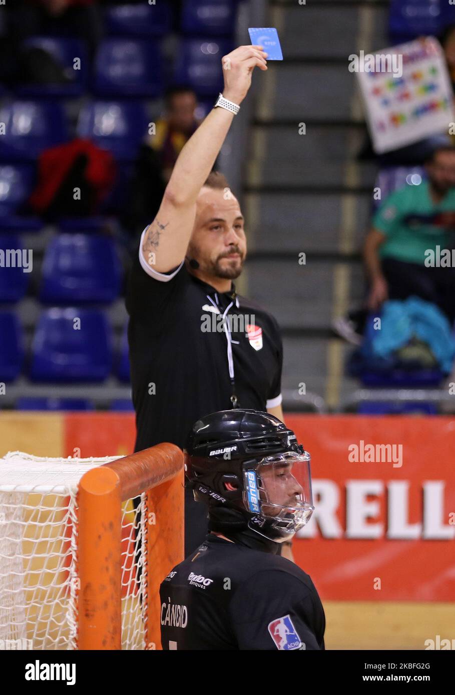 Blue card during the match between FC Barcelona and Reus Deportiu,  corresponding to the week 17 of the spanish roller hockey OK Liga, played at  the Palau Blaugrana, on 26th January 2020,