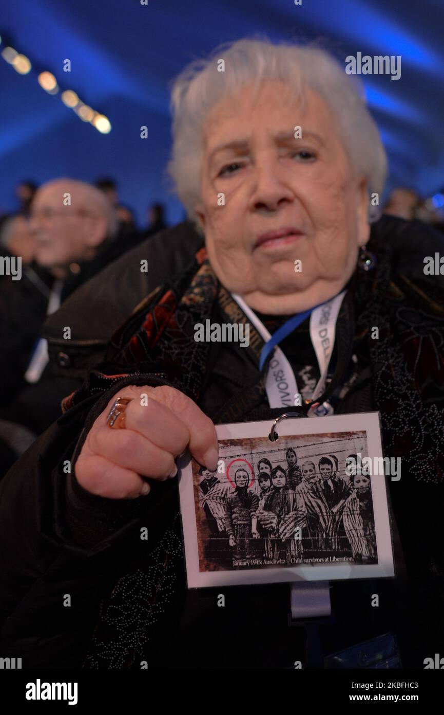 Holocaust survivor, Miriam Ziegler, seen at the Gate of Death area during the official ceremony marking the 75th anniversary of the liberation of the former Nazi-German concentration and extermination camp Auschwitz II - Birkenau. On Monday, January 27, 2020, in Auschwitz II-Birkenau Concentration Camp, Oswiecim, Poland. (Photo by Artur Widak/NurPhoto) Stock Photo