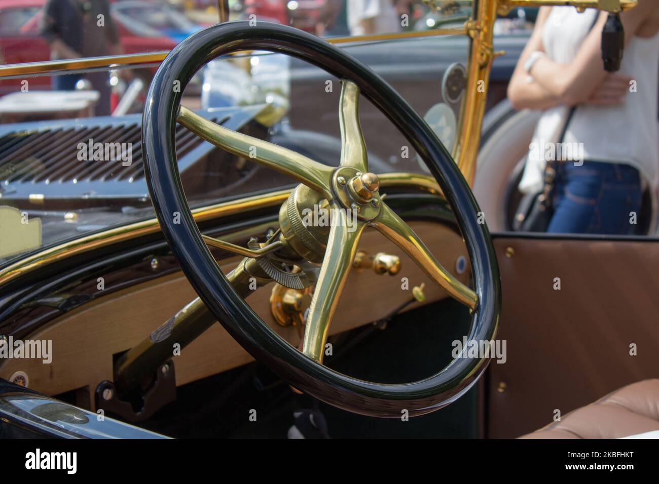 car Interior steering wheel, shift lever and dashboard Stock Photo
