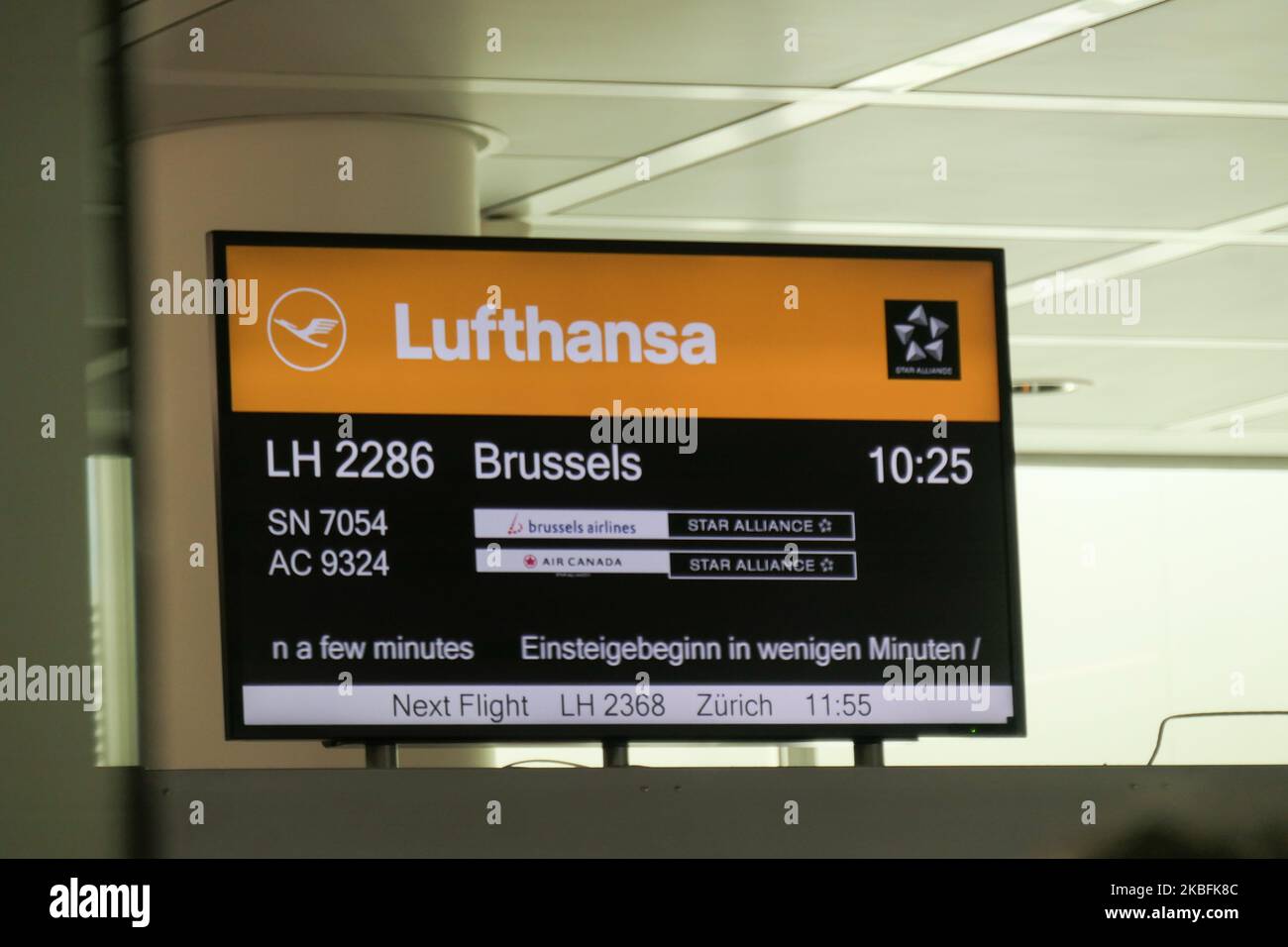 Lufthansa logo and inscription, illustration images as seen at Munich International Airport MUC EDDM, in German called Flughafen Munchen in Germany on 26 January 2020. Lufthansa logo is an encircled stylized crane in flight that was created in 1918 by Otto Firle, a trademark symbol for the company and aviation. Deutsche Lufthansa DLH LH is the flag carrier of Germany, Star Alliance member and second-largest airline in Europe. (Photo by Nicolas Economou/NurPhoto) Stock Photo