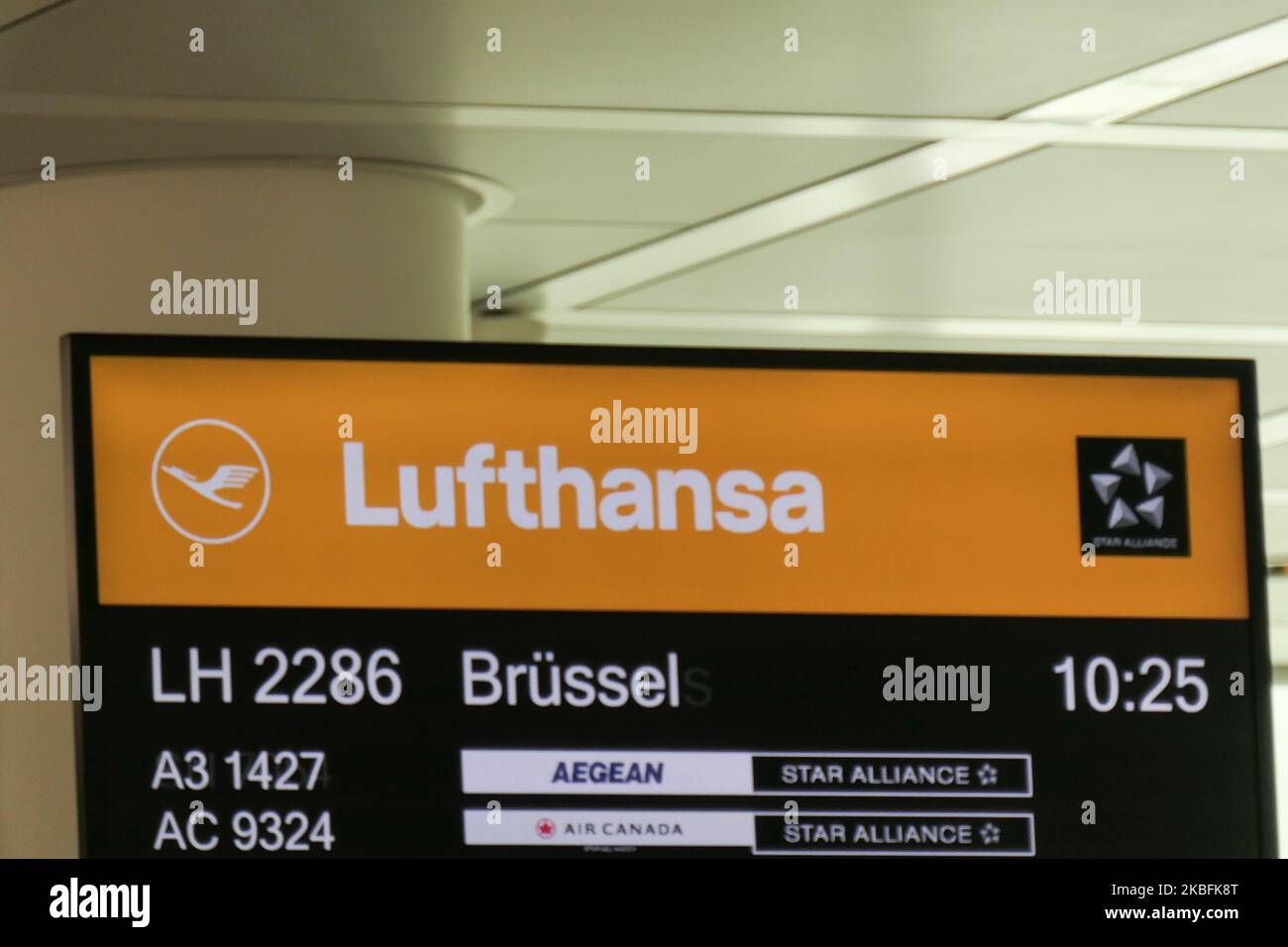 Lufthansa logo and inscription, illustration images as seen at Munich International Airport MUC EDDM, in German called Flughafen Munchen in Germany on 26 January 2020. Lufthansa logo is an encircled stylized crane in flight that was created in 1918 by Otto Firle, a trademark symbol for the company and aviation. Deutsche Lufthansa DLH LH is the flag carrier of Germany, Star Alliance member and second-largest airline in Europe. (Photo by Nicolas Economou/NurPhoto) Stock Photo