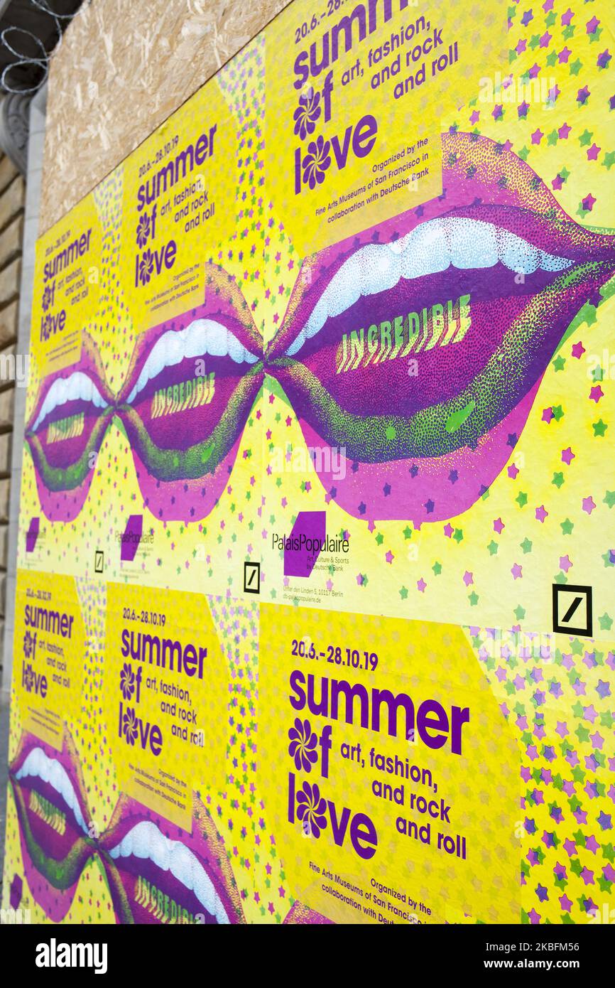 Posters announcing the Exhibition Summer of Love in Palais Populaire, Berlin, Germany on 19 June, 2019. The exhibition 'Summer of Love' in San Francisco in 1967 marked the climax of the American hippie movement. With over 150 exhibits, Palais Populaire in Berlin commemorated the era at the exhibition which took place from 20 June 2019 - 28 October 2019. The show portrayed the attitude to life of the hippie era by means of various exhibits: concert posters, fashion, photographs, record covers, light installations and more show everyday life and the excesses of time. The exhibition was conceived Stock Photo