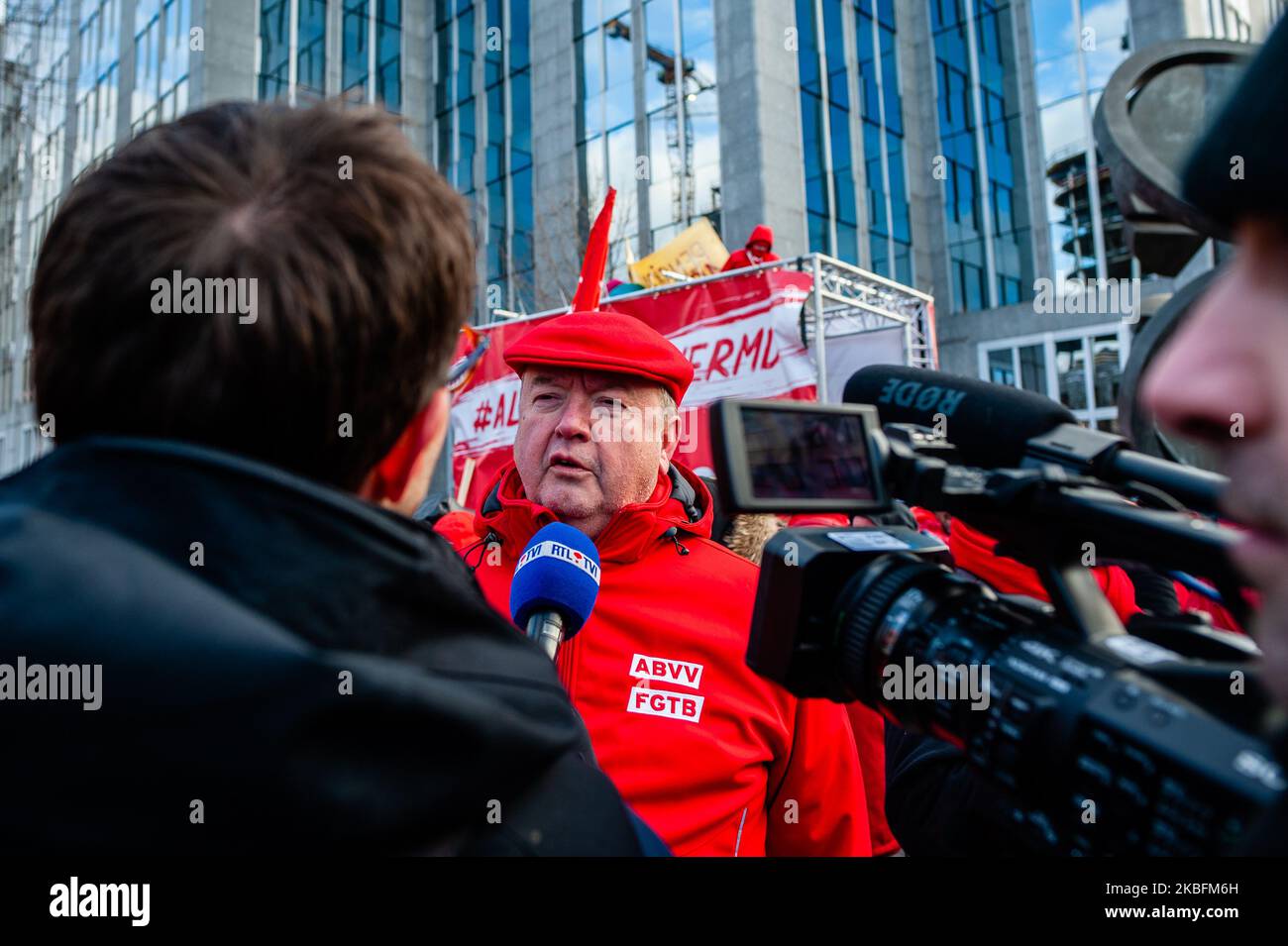 Robert Vertenueil, president of the FGTB is giving an interview, during the National demonstration for better social security, in Brussels on January 28, 2020. (Photo by Romy Arroyo Fernandez/NurPhoto) Stock Photo