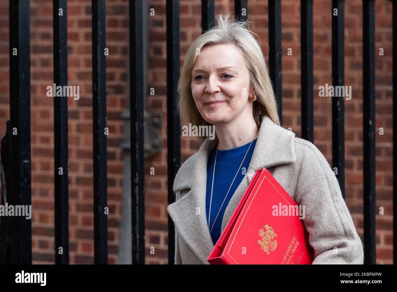 Secretary of State for International Trade and President of the Board of Trade, Minister for Women and Equalities Liz Truss leaves Downing Street after attending the National Security Council meeting convened by Prime Minister Boris Johnson to finalize the decision on the role of Chinese technology company Huawei in building of Britain's 5G digital network on 28 January 2020 in London, England. The decision comes a day ahead of US Secretary of State Mike Pompeo's visit to the UK and amid pressure from the White House administration who argue the Chinese technology poses a serious security risk Stock Photo