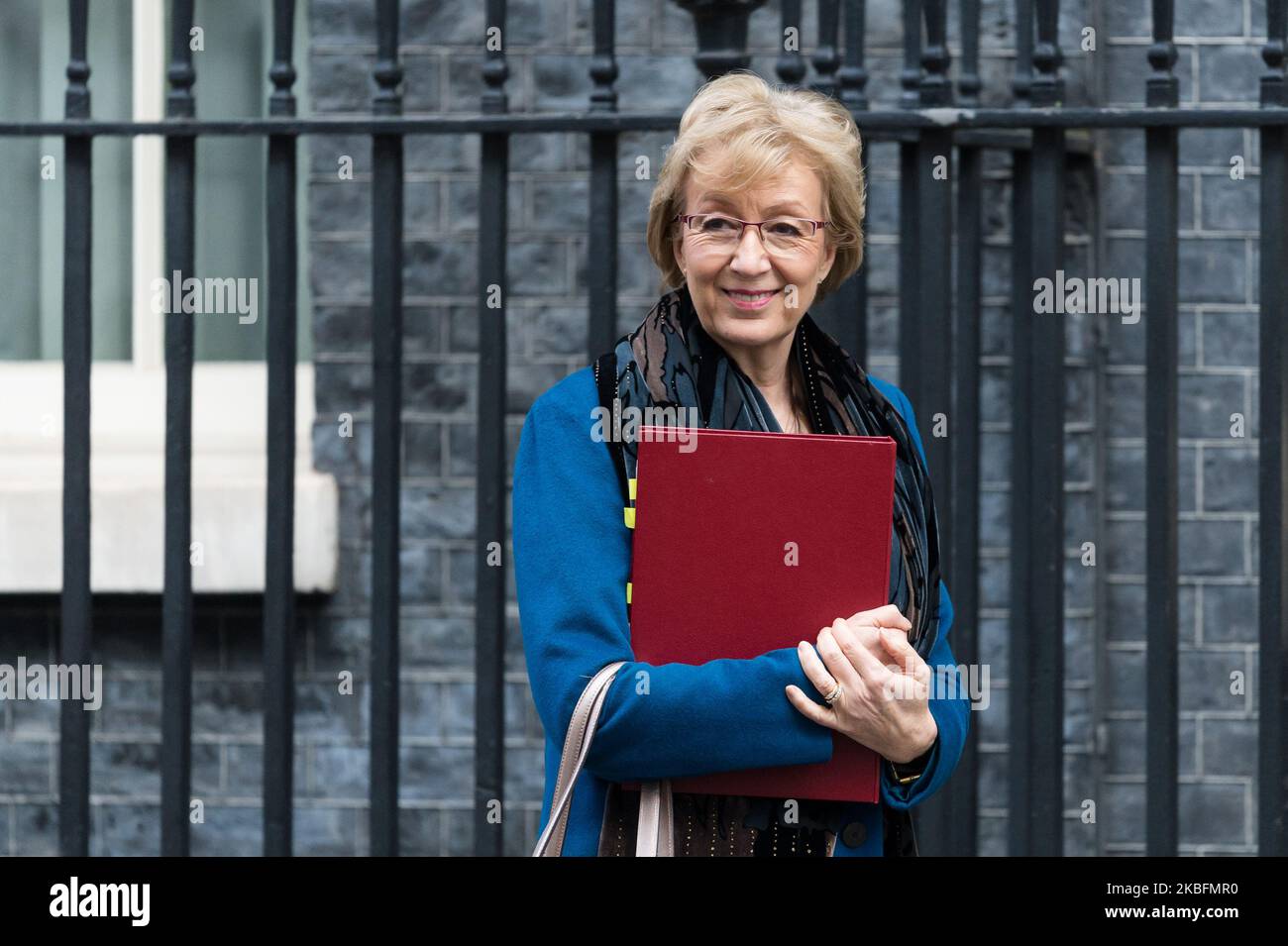 Secretary of State for Business, Energy and Industrial Strategy Andrea Leadsom leaves Downing Street after attending the National Security Council meeting convened by Prime Minister Boris Johnson to finalize the decision on the role of Chinese technology company Huawei in building of Britain's 5G digital network on 28 January 2020 in London, England. The decision comes a day ahead of US Secretary of State Mike Pompeo's visit to the UK and amid pressure from the White House administration who argue the Chinese technology poses a serious security risk. (Photo by WIktor Szymanowicz/NurPhoto) Stock Photo