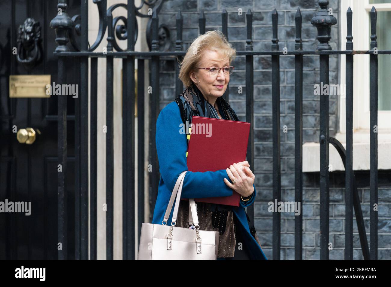 Secretary of State for Business, Energy and Industrial Strategy Andrea Leadsom leaves Downing Street after attending the National Security Council meeting convened by Prime Minister Boris Johnson to finalize the decision on the role of Chinese technology company Huawei in building of Britain's 5G digital network on 28 January 2020 in London, England. The decision comes a day ahead of US Secretary of State Mike Pompeo's visit to the UK and amid pressure from the White House administration who argue the Chinese technology poses a serious security risk. (Photo by WIktor Szymanowicz/NurPhoto) Stock Photo