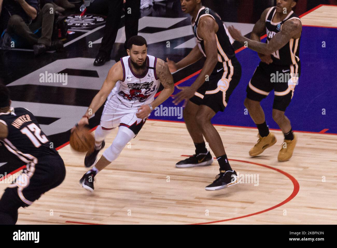 Fred VanVleet #23 of the Toronto Raptors runs with the ball during the Toronto Raptors vs Atlanta Hawks NBA regular season game at Scotiabank Arena on January 28, 2020 in Toronto, Canada. Toronto Raptors won 130-114. (Photo by Anatoliy Cherkasov/NurPhoto) Stock Photo