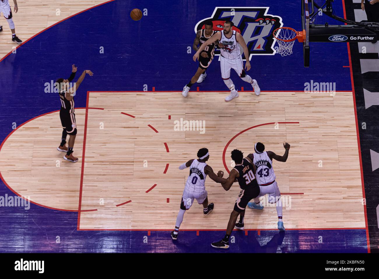 Trae Young #11 of Atlanta Hawks performs a free throw during the Toronto Raptors vs Atlanta Hawks NBA regular season game at Scotiabank Arena on January 28, 2020 in Toronto, Canada. Toronto Raptors won 130-114. (Photo by Anatoliy Cherkasov/NurPhoto) Stock Photo