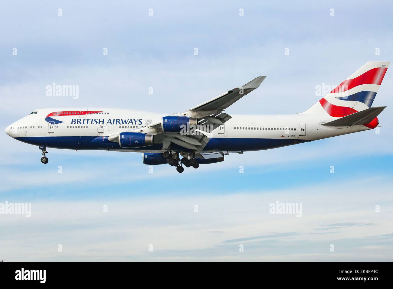 British Airways Boeing 747-400 with nickname Queen of the Skies commercial aircraft as seen on final approach with landing gear down landing at New York JFK John F. Kennedy International Airport in USA on 23 January 2020. The jumbo jet wide-body long haul airplane has the registration G-CIVR with 4x RR engines. BA is connecting capital of UK London LHR to New York City via Transatlantic flight. BAW Speedbird is the flag carrier airline of the United Kingdom member of Oneworld aviation alliance. NY, USA (Photo by Nicolas Economou/NurPhoto) Stock Photo