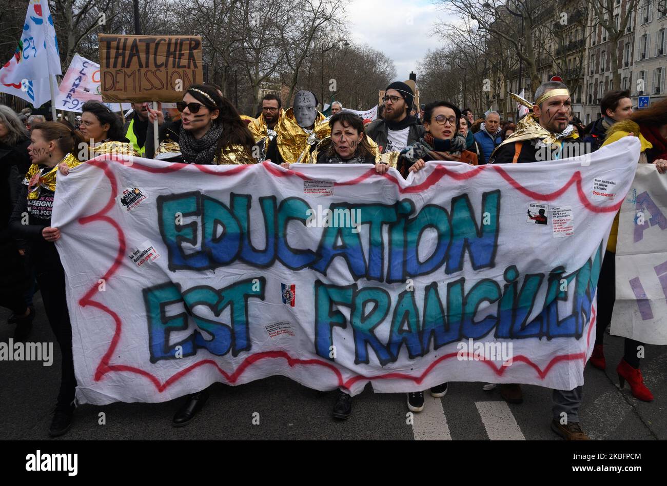 Teachers participated in the demonstration against the pension reform in Paris (France) on January 29, 2020. (Photo by Estelle Ruiz/NurPhoto) Stock Photo