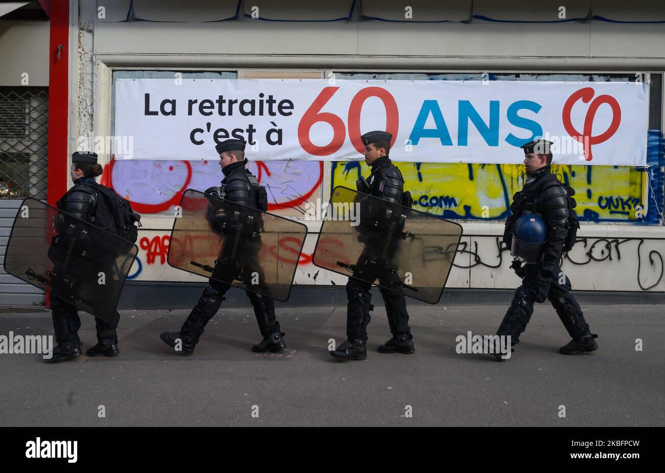 Policemen during the demonstration against the pension reform in Paris (France) on January 29, 2020. (Photo by Estelle Ruiz/NurPhoto) Stock Photo