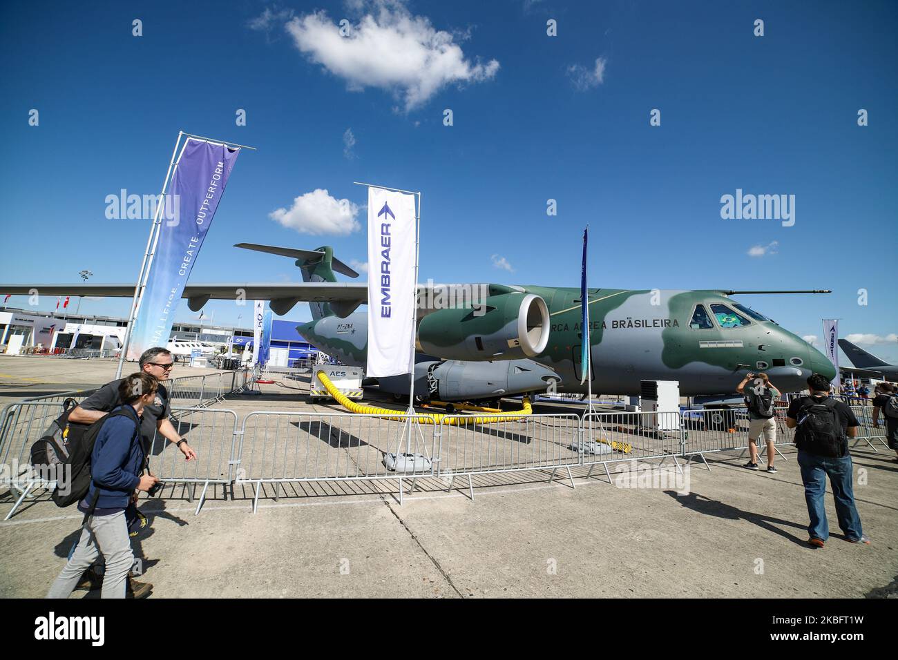 Brazilian Air Force Embraer KC-390 renamed after Boeing and Embraer deal as C-390 Millennium, the made in Brazil medium sized transport aircraft as seen on 53rd Paris Air Show Le Bourget in France on June 21, 2019. It is made by Brazilian aerospace manufacturer Embraer Defense and Security with its first flight on February 3, 2019. The military multipurpose airplane for cargo, aerialrefueling and troops can carry 26 tonnes in its fuselage and the 2x IAE V2500 jet engines. The aircraft registration is PT-ZNX and belongs to Força Aérea Brasileira fleet. Brazil and Portuguese Air Force of Portuga Stock Photo