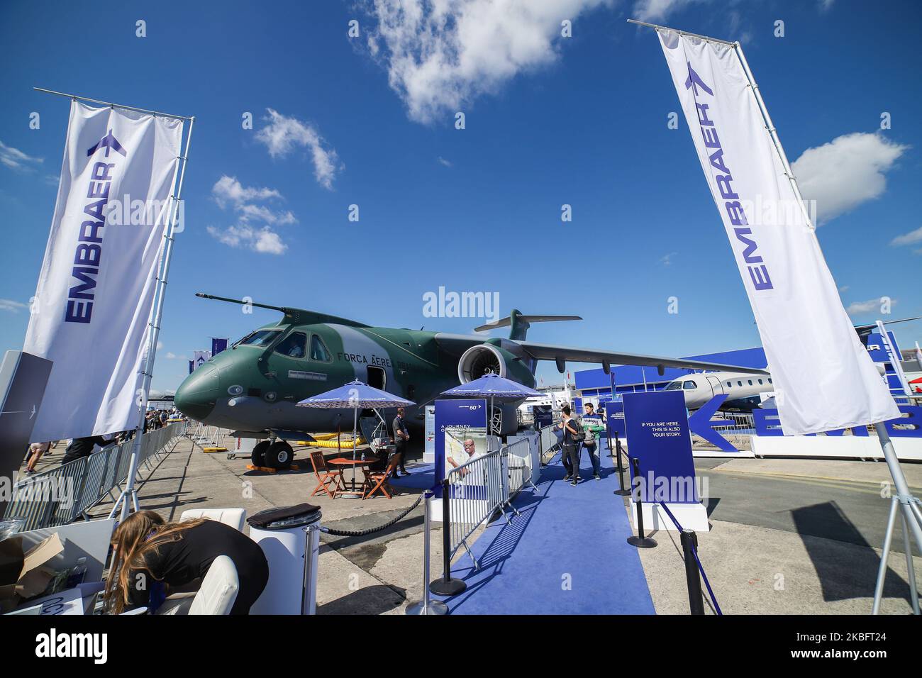 Brazilian Air Force Embraer KC-390 renamed after Boeing and Embraer deal as C-390 Millennium, the made in Brazil medium sized transport aircraft as seen on 53rd Paris Air Show Le Bourget in France on June 21, 2019. It is made by Brazilian aerospace manufacturer Embraer Defense and Security with its first flight on February 3, 2019. The military multipurpose airplane for cargo, aerialrefueling and troops can carry 26 tonnes in its fuselage and the 2x IAE V2500 jet engines. The aircraft registration is PT-ZNX and belongs to Força Aérea Brasileira fleet. Brazil and Portuguese Air Force of Portuga Stock Photo
