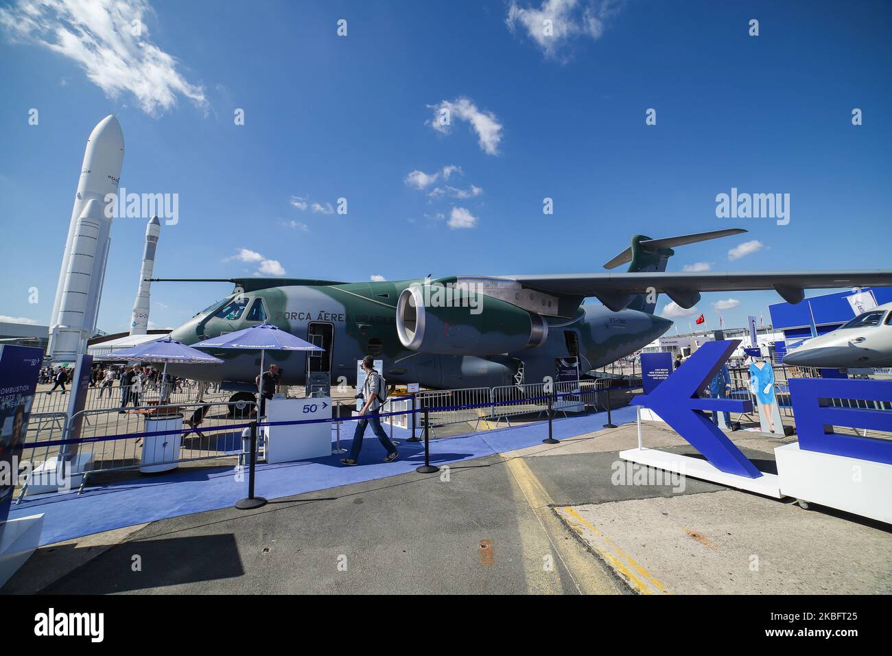 Brazilian Air Force Embraer KC-390 renamed after Boeing and Embraer deal as C-390 Millennium, the made in Brazil medium sized transport aircraft as seen on 53rd Paris Air Show Le Bourget in France on June 21, 2019. It is made by Brazilian aerospace manufacturer Embraer Defense and Security with its first flight on February 3, 2019. The military multipurpose airplane for cargo, aerialrefueling and troops can carry 26 tonnes in its fuselage and the 2x IAE V2500 jet engines. The aircraft registration is PT-ZNX and belongs to Força Aérea Brasileira fleet. Brazil and Portuguese Air Force of Portuga Stock Photo