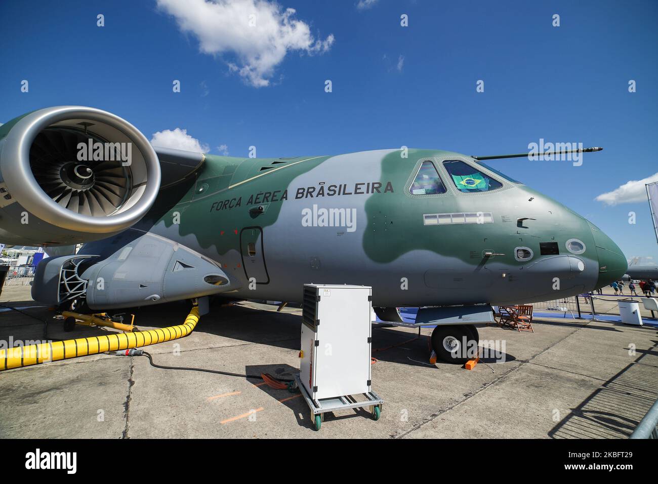 Brazilian Air Force Embraer KC-390 renamed after Boeing and Embraer deal as C-390 Millennium, the made in Brazil medium sized transport aircraft as seen on 53rd Paris Air Show Le Bourget in France on June 21, 2019. It is made by Brazilian aerospace manufacturer Embraer Defense and Security with its first flight on February 3, 2019. The military multipurpose airplane for cargo, aerialrefueling and troops can carry 26 tonnes in its fuselage and the 2x IAE V2500 jet engines. The aircraft registration is PT-ZNX and belongs to Força Aérea Brasileira fleet. Brazil and Portuguese Air Force of Portuga Stock Photo