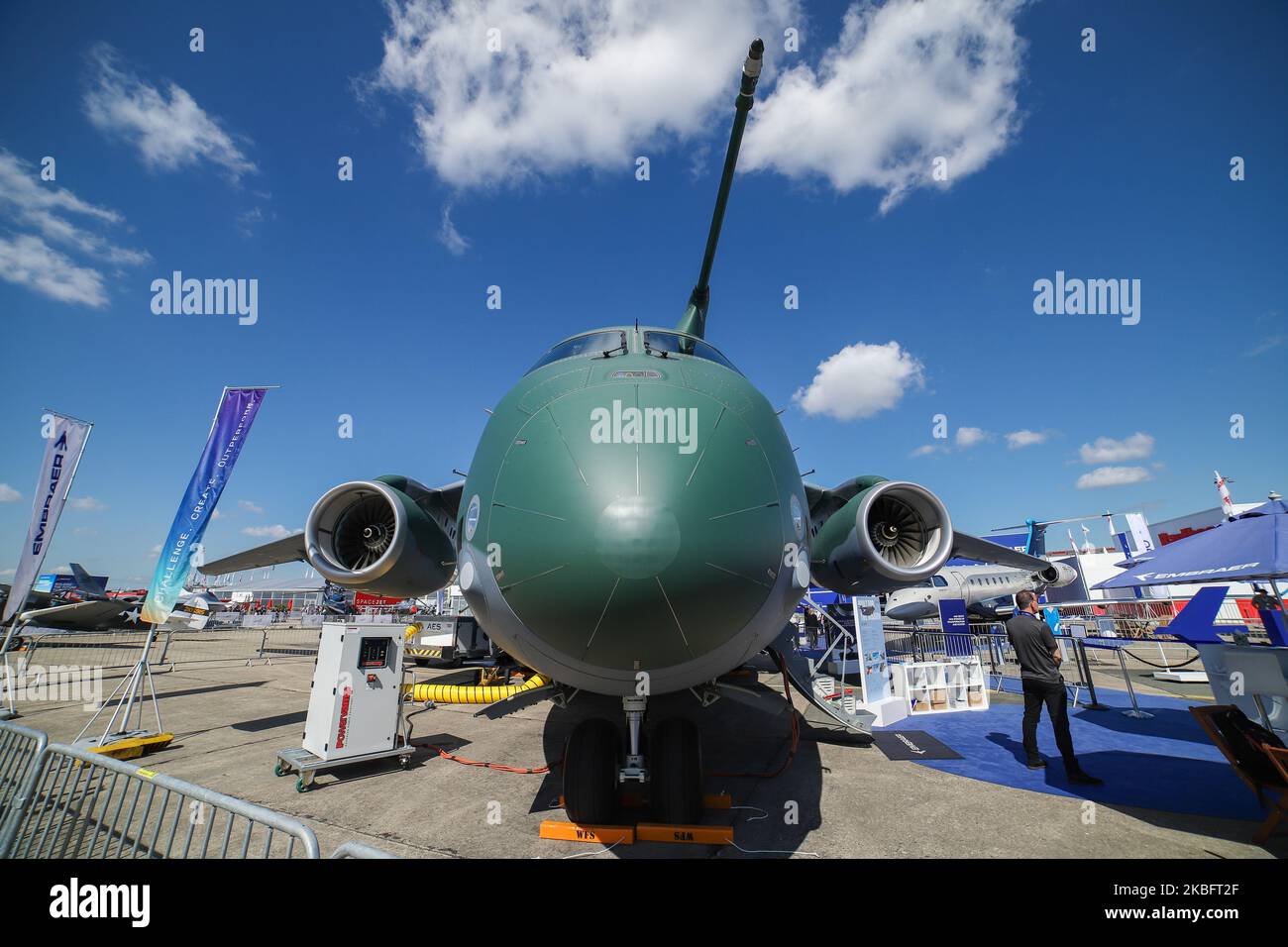 Brazilian Air Force Embraer KC-390 renamed after Boeing and Embraer deal as C-390 Millennium, the made in Brazil medium sized transport aircraft as seen on 53rd Paris Air Show Le Bourget in France on June 21, 2019. It is made by Brazilian aerospace manufacturer Embraer Defense and Security with its first flight on February 3, 2019. The military multipurpose airplane for cargo, aerialrefueling and troops can carry 26 tonnes in its fuselage and the 2x IAE V2500 jet engines. The aircraft registration is PT-ZNX and belongs to Força Aérea Brasileira fleet. Brazil and Portuguese Air Force of Portuga Stock Photo