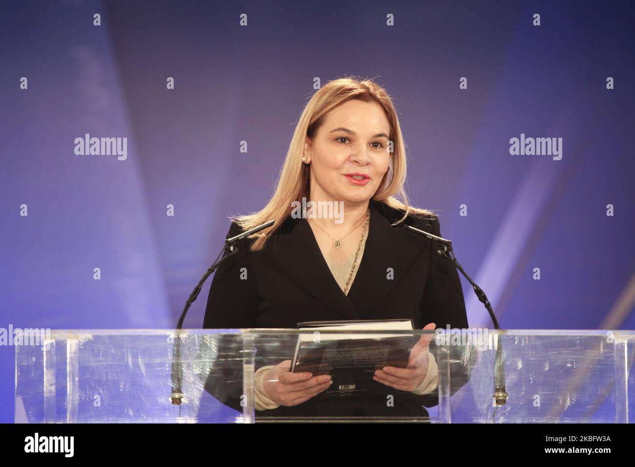 Monika Kryemadhi, Chairwoman of the Albania Socialist Movement for Integration Party, speaking to thousands of members of the main Iranian opposition movement, the Mujahedin-e Khalq (MEK) on January 29, 2020 in Ashraf-3, Albania. Monika Kryemadhi said in your museum and in the book of martyrs, I found the force and motivation of the Iranian Resistance to fight for freedom and democracy. This is the same force that enabled the people of Albania to achieve freedom and democracy. (Photo by Siavosh Hosseini/NurPhoto) Stock Photo