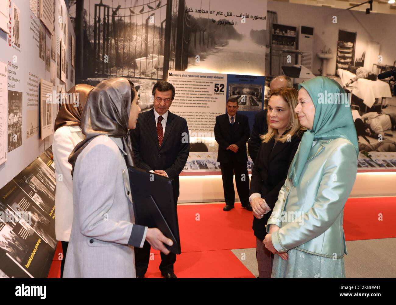 Monika Kryemadhi, Chairwoman of the Albania Socialist Movement for Integration Party, and Maryam Rajavi, the President-elect of the National Council of Resistance of Iran (NCRI), visiting the Museum of 120 Years of Struggle for Freedom in Iran on January 29, 2020, in Ashraf-3, Albania. Ashraf-3 is home to thousands of members of the main Iranian opposition group, the Mujahedin-e Khalq (MEK). (Photo by Siavosh Hosseini/NurPhoto) Stock Photo