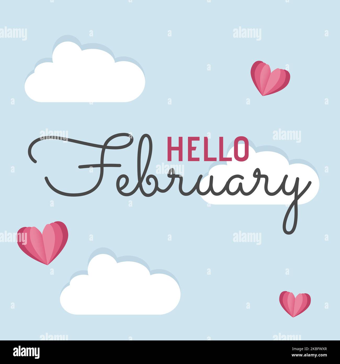 Composition of hello february text over clouds and hearts Stock Photo