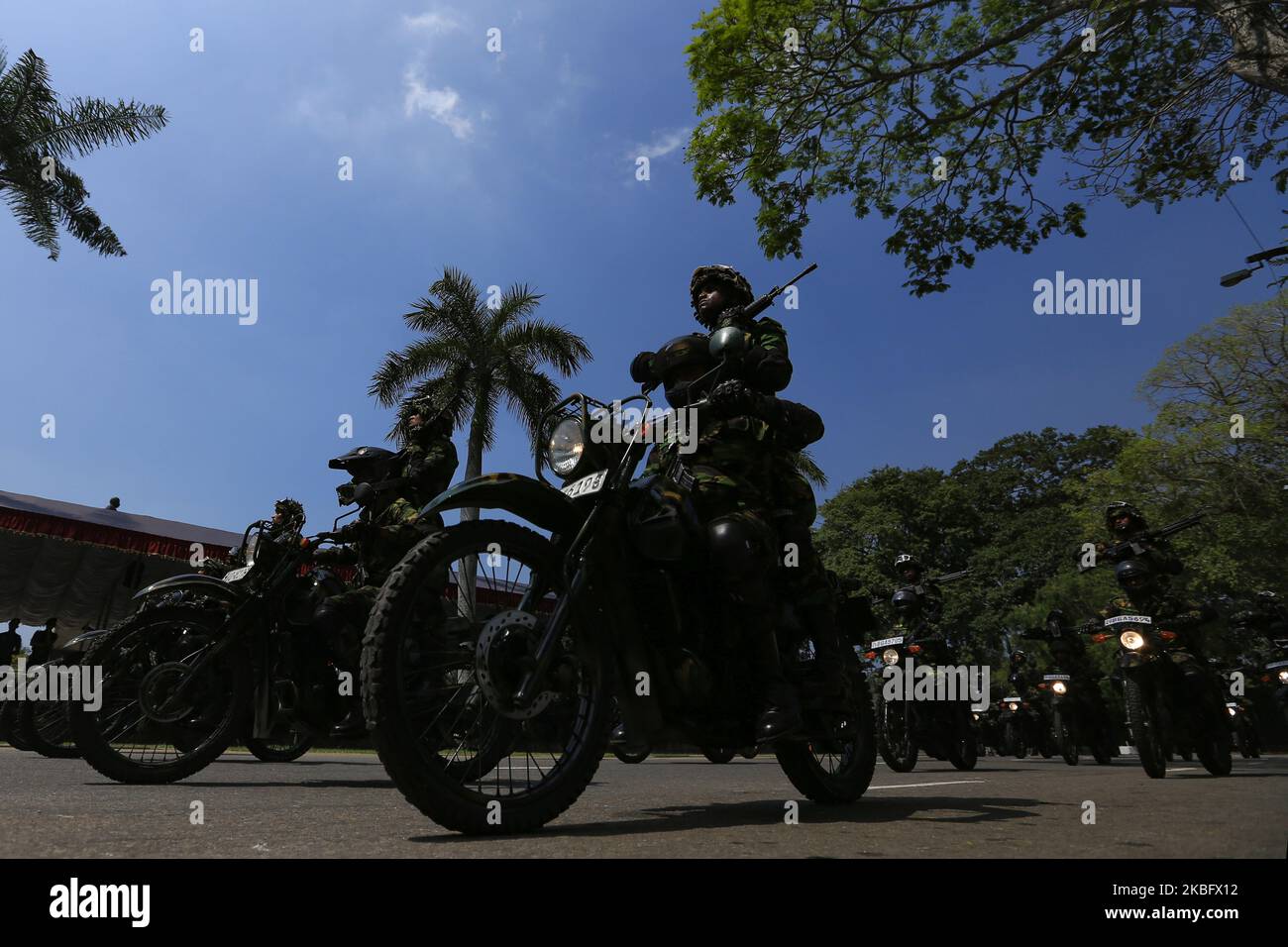 Sri Lankan Special Task Force motor cycle attack squad is seen during a rehearsal session for Independence day celebrations at the Independence Square, Colombo, Sri Lanka on Friday 31 January 2020. The 72nd National Independence Day celebrations of Sri Lanka will be held at the Independence Square in capital Colombo under the theme 'A Secured Nation - A Prosperous Country' (Photo by Tharaka Basnayaka/NurPhoto) Stock Photo