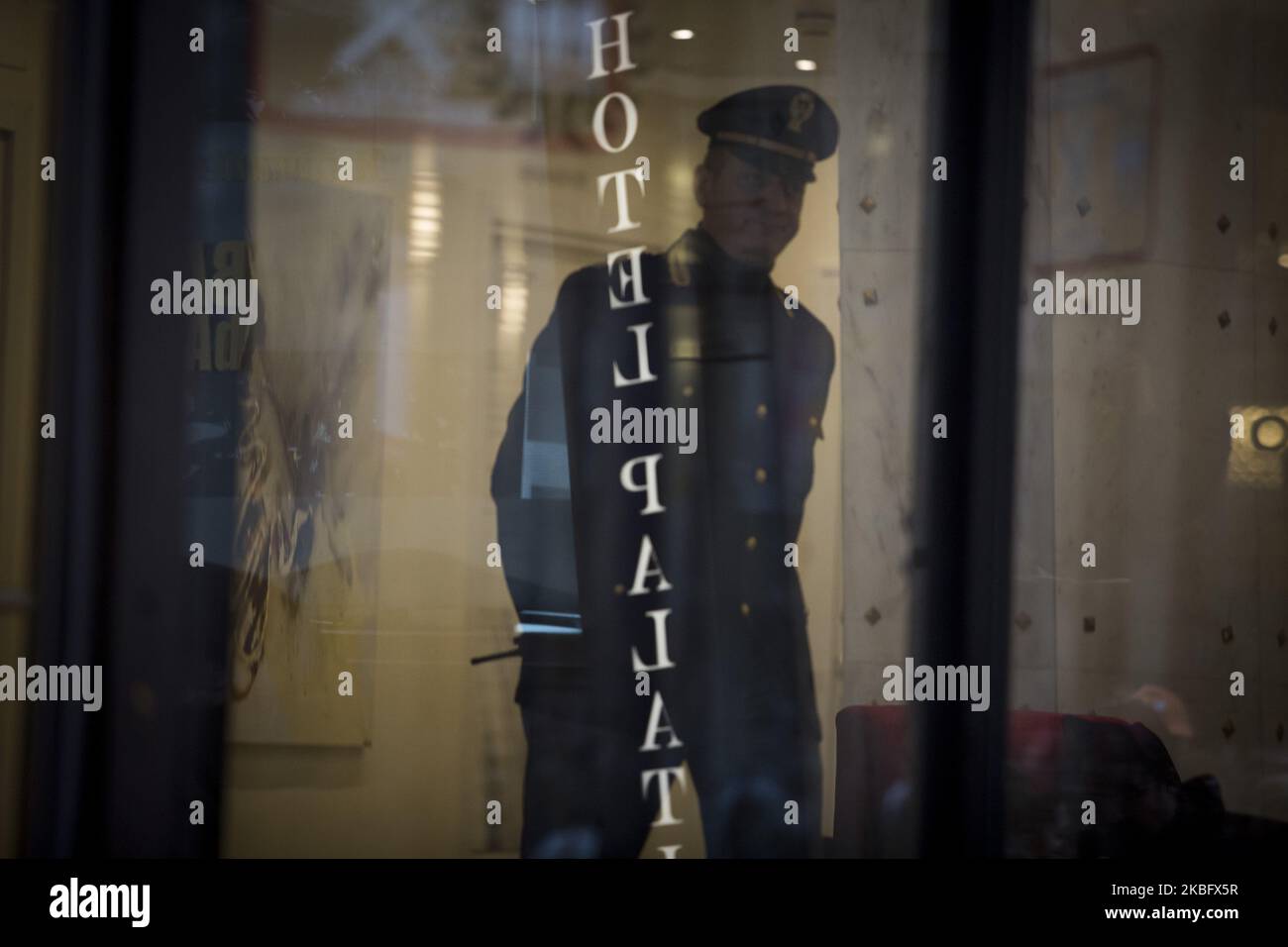 a Carabinier official stands inside the Grand Hotel Palatino in downtown Rome on January 31, 2020, where two Chinese tourists, who are believed to have arrived in Italy in the northern city of Milan over a week ago and have been staying at the hotel, were found positive for the coronavirus 2019-nCov.Meanwhile, official sources speak of a third suspected case, a 42-year-old Romanian worker, who declared in the hospital that he had been in contact with the chinese couple in the Palatino hotel. (Photo by Christian Minelli/NurPhoto) Stock Photo