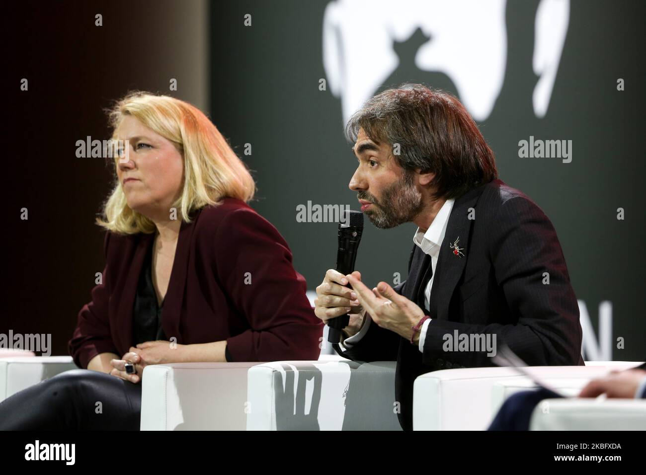 (Lto R) Paris' city councillor, French left-wing Parti de Gauche (PG) Secretary General and La France Insoumise (LFI) leftist party's speaker and candidate for the upcoming municipal elections in Paris Danielle Simonnet, French mathematician and Paris city hall candidate Cedric Villani take part in a debate following a report of the Abbe Pierre Foundation on poor quality housing conditions, on January 31, 2020 in La Defense, near Paris. (Photo by Michel Stoupak/NurPhoto) Stock Photo