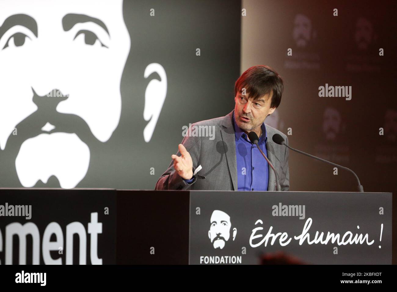 Former French Environment minister Nicolas Hulot delivers a speech during a debate following a report of the Abbe Pierre Foundation on poor quality housing conditions, on January 31, 2020 in La Defense, near Paris. (Photo by Michel Stoupak/NurPhoto) Stock Photo