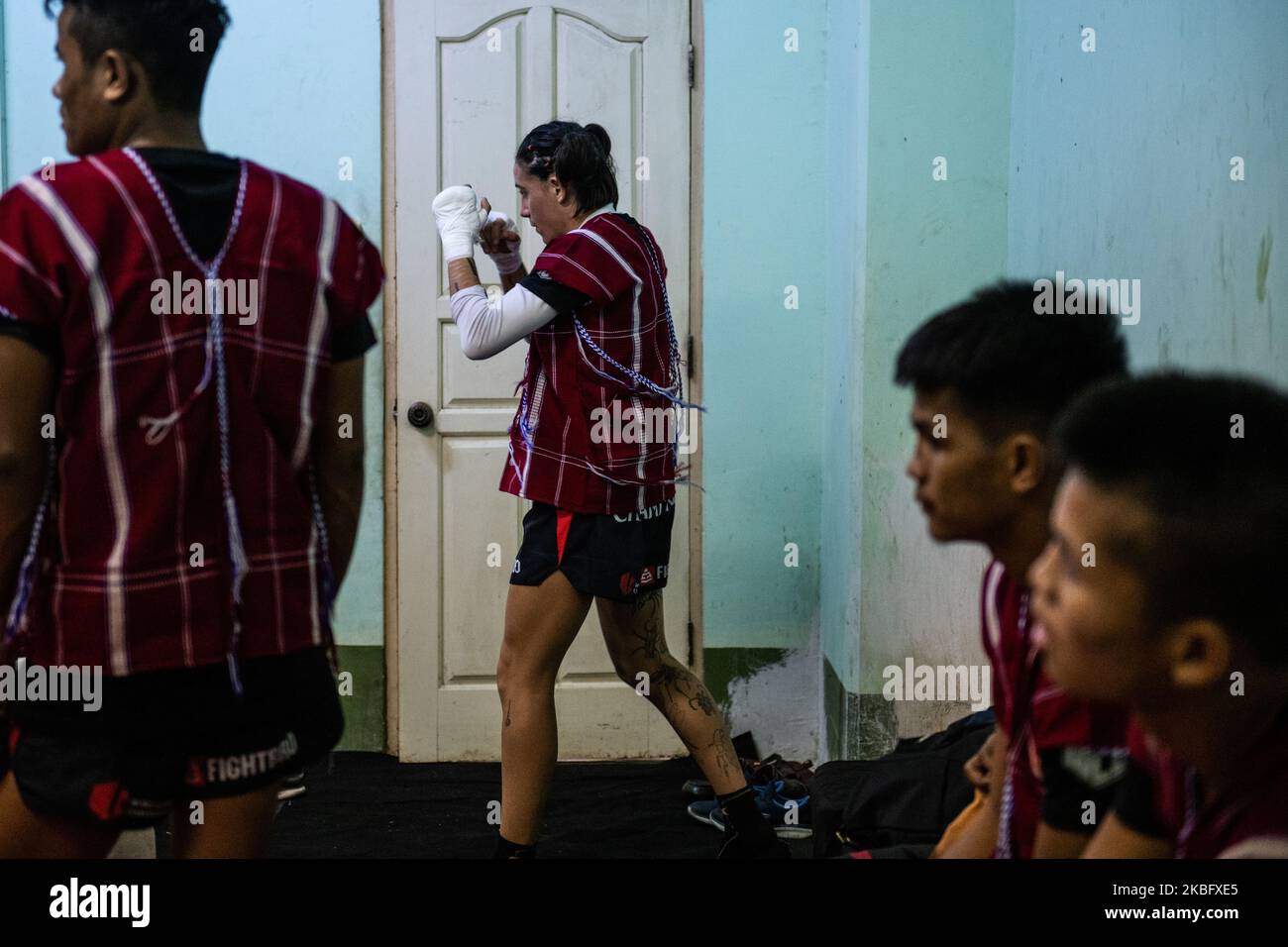 Souris Manfredi of France warm up before her fight during World Lethwei Championship in Yangon, Myanmar on January 31, 2020. (Photo by Shwe Paw Mya Tin/NurPhoto) Stock Photo