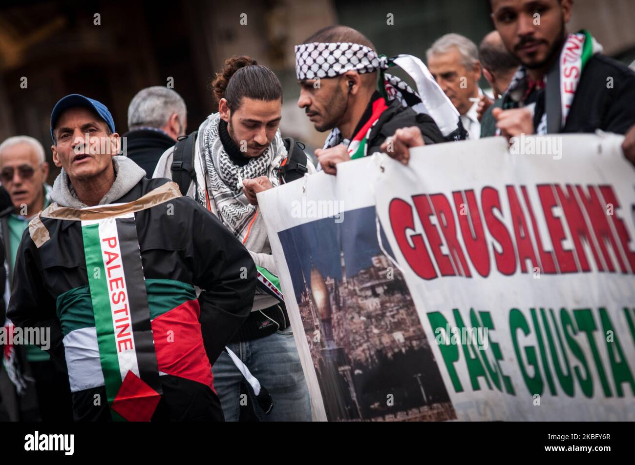 The Palestinian community in Rome participates in a protest in Piazza Barberini a few hundred meters from the American Embassy, against the Middle East peace plan of American President Donald Trump on January 31 , 2020 in Rome, Italy (Photo by Andrea Ronchini/NurPhoto) Stock Photo