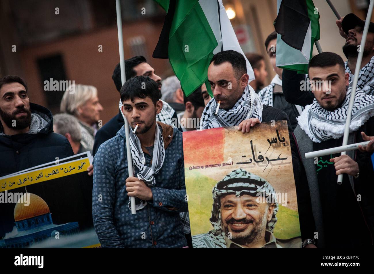 The Palestinian community in Rome participates in a protest in Piazza Barberini a few hundred meters from the American Embassy, against the Middle East peace plan of American President Donald Trump on January 31 , 2020 in Rome, Italy (Photo by Andrea Ronchini/NurPhoto) Stock Photo