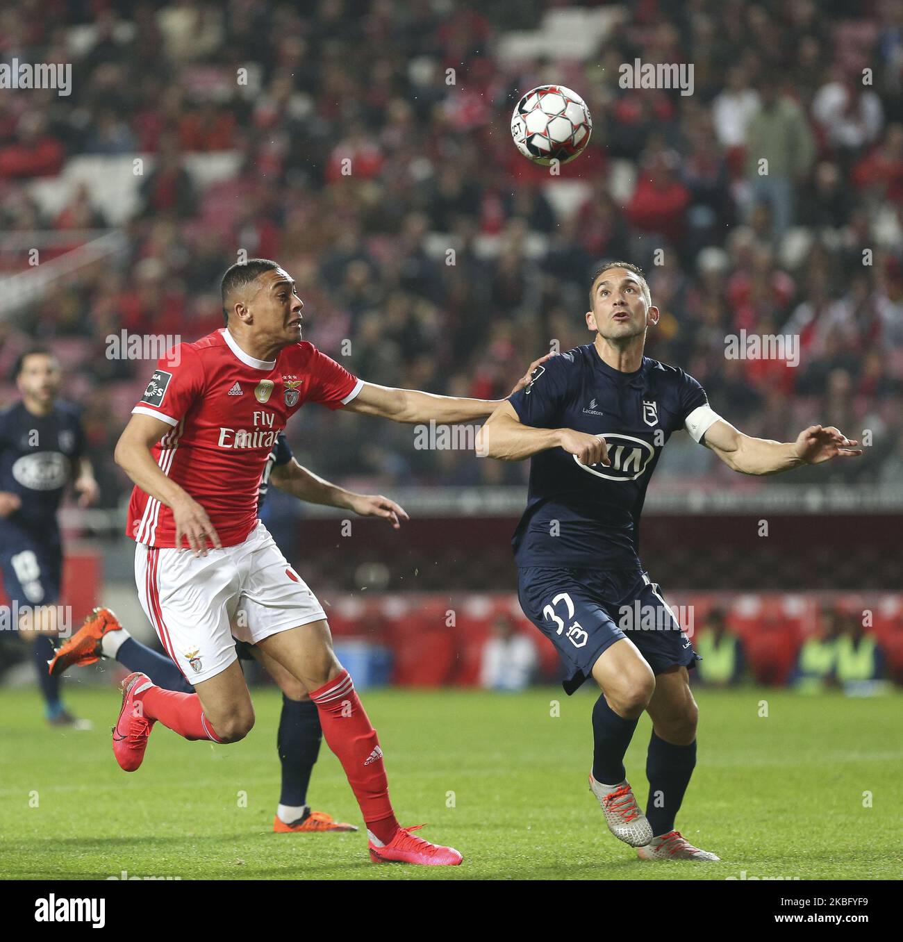 Belenenses SAD Defender Goncalo Silva(R) and SL Benfica Forward Carlos Vinicius(L) in action during the Premier League 2019/20 match between SL Benfica and Belenenses SAD, at Luz Stadium in Lisbon on January 31, 2020. (Photo by Paulo Nascimento / NurPhoto) (Photo by Paulo Nascimento/NurPhoto) Stock Photo