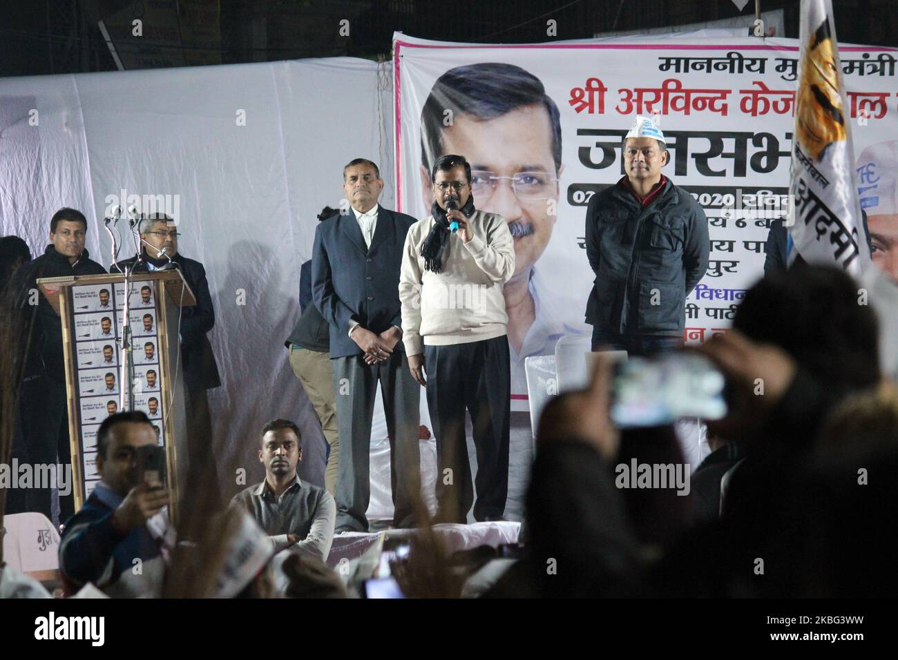 Delhi Chief Minister Arvind Kejriwal addresses a public gathering while campaigning ahead of Delhi Assembly elections at Laxmi Nagar on February 2, 2020 in New Delhi, India. The Delhi Assembly polls will be held on February 8 while the results will be announced on February 11. (Photo by Mayank Makhija/NurPhoto) Stock Photo