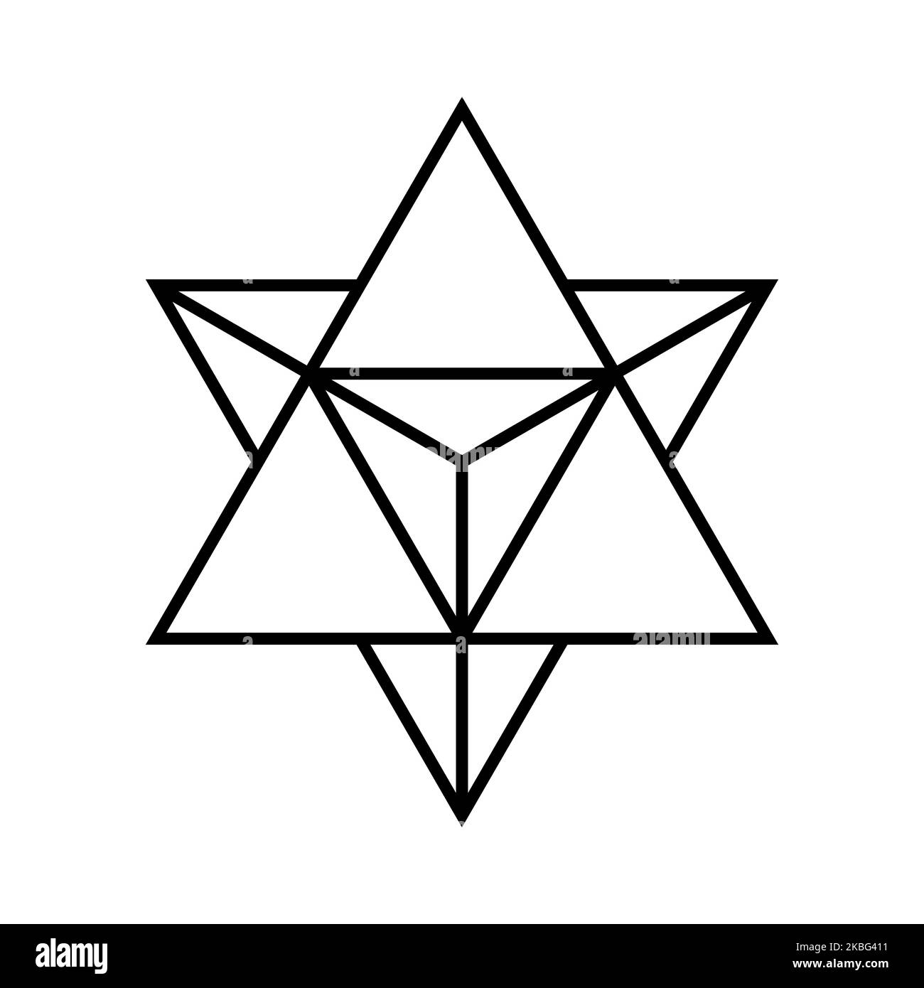 Merkaba symbol. Sacred geometry shape. Star tetrahedron. 3D object that is made out of two triangles facing opposite directions. Vector illustration. Stock Vector