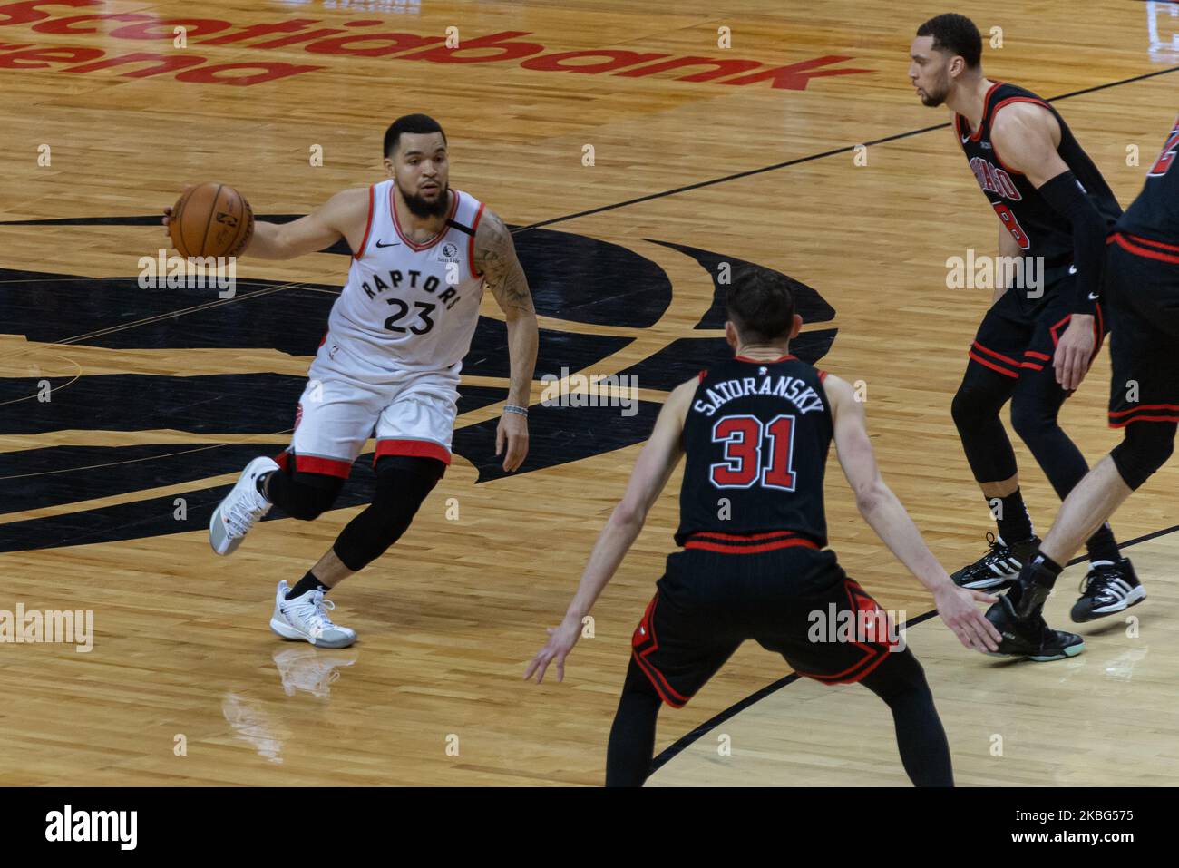 Fred VanVleet #23 of the Toronto Raptors handles the ball during the Toronto Raptors vs Chicago Bulls NBA regular season game at Scotiabank Arena on February 02, 2020 in Toronto, Canada (Toronto Raptors won 129-102) (Photo by Anatoliy Cherkasov/NurPhoto) Stock Photo