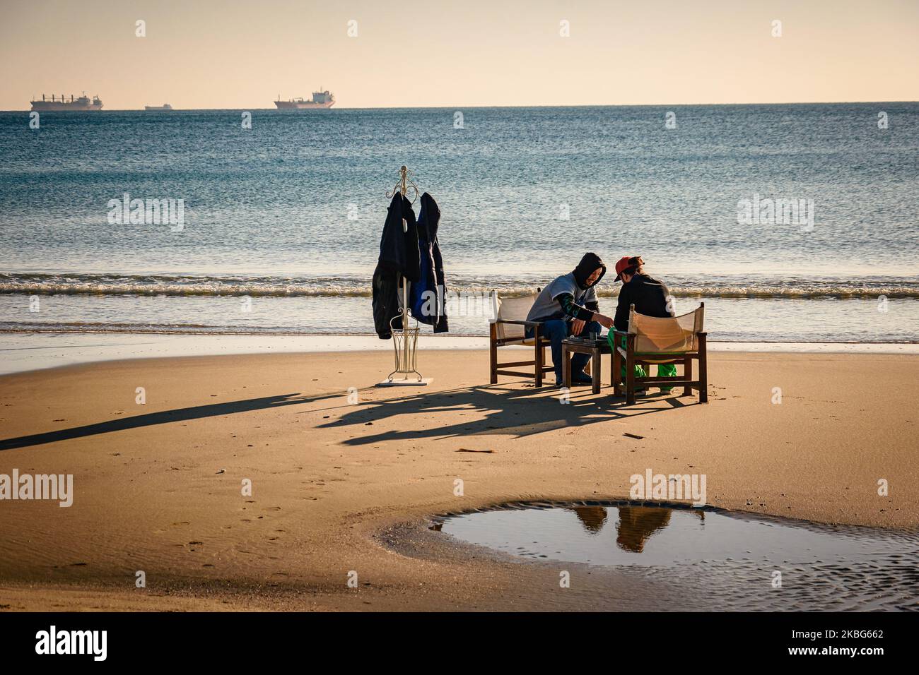 Bulgaria Winter High Temperature Record Broken Bulgarians enjoy themselves on a sunny winter day at the Varna beach, some 450 km to the East of the Bulgarian capital Sofia, on Feb. 3, 2020. Temperatures of the are expected to soar at 20 degrees in Celsius (68 in Fahrenheit). A more then 50 years' high temperature record was broken on Feb 2, as the temperature reached 19 degrees in Celsius (some 66 in Fahrenheit). The weather is supposed to be unusually warm for the next 3-4 days. (Photo by Petko Momchilov/Impact Press GroupNurPhoto) Stock Photo