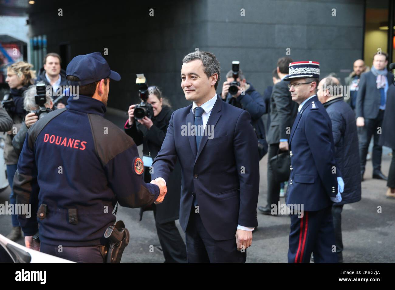 French Minister of Public Action and Accounts Gerald Darmanin (L) arrives at the Paris regional customs service on February 04, 2020 to present the 2019 results of the National plan to mobilise customs against the trafficking of tobacco and cigarettes. (Photo by Michel Stoupak/NurPhoto) Stock Photo