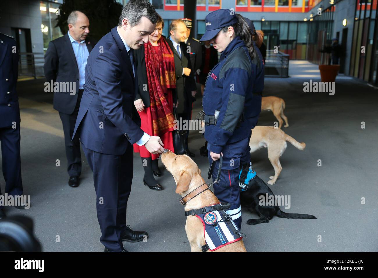 French Minister of Public Action and Accounts Gerald Darmanin (L) arrives at the Paris regional customs service on February 04, 2020 to present the 2019 results of the National plan to mobilise customs against the trafficking of tobacco and cigarettes. (Photo by Michel Stoupak/NurPhoto) Stock Photo