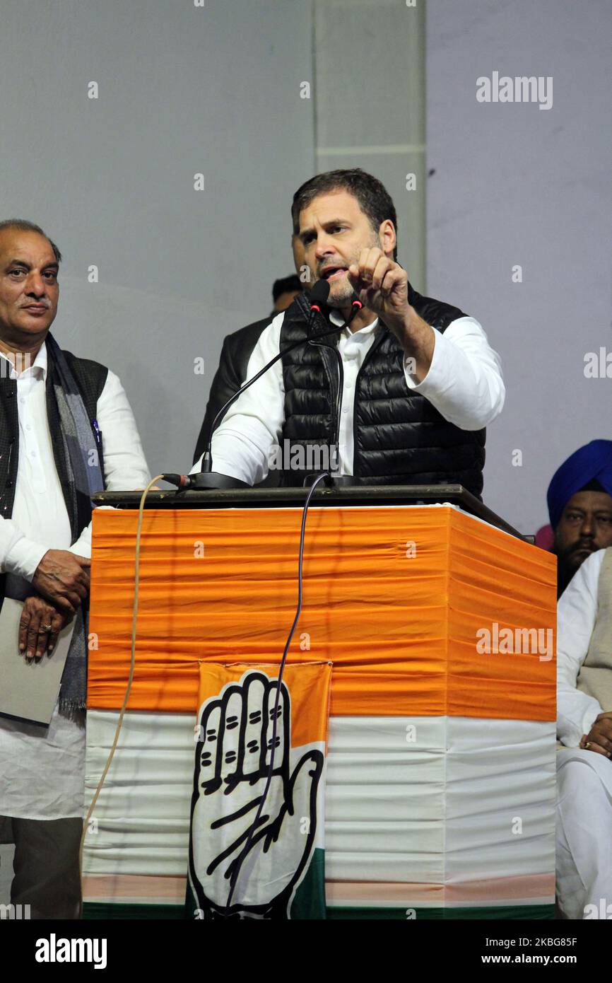 Indian National Congress (INC) leader Rahul Gandhi campaigns during a rally ahead of Delhi Assembly Elections at Sangam Vihar on February 4, 2020 in New Delhi, India. The Delhi Assembly polls will be held on February 8 while the results will be announced on February 11. (Photo by Mayank Makhija/NurPhoto) Stock Photo