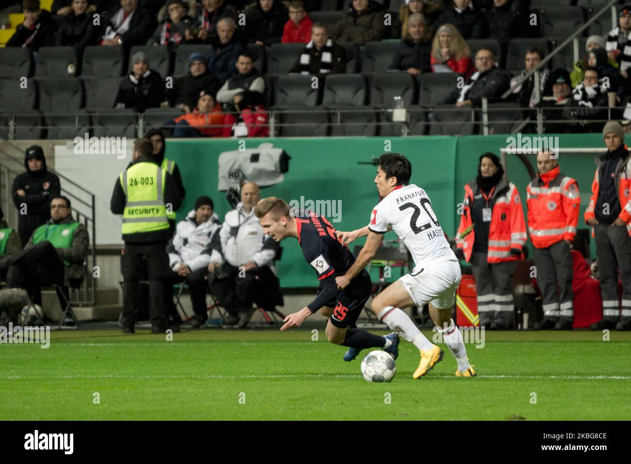 Daniel Olmo of Leipzig and Makoto Hasebe of Lepzig during the DFB Cup third round match between Eintracht Frankfurt and RB Leipzig at the Commerzbank-Arena on February 04, 2020 in Frankfurt am Main, Germany. (Photo by Peter Niedung/NurPhoto) Stock Photo