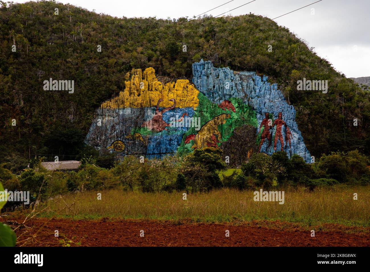 A view of Mural de la Prehistoria in Vinales, Cuba, on January 18, 2020. Vinales is a small town and municipality in the north-central Pinar del Río Province of Cuba. The Viñales Valley has been listed as a UNESCO World Heritage Site since November 1999. (Photo by Manuel Romano/NurPhoto) Stock Photo