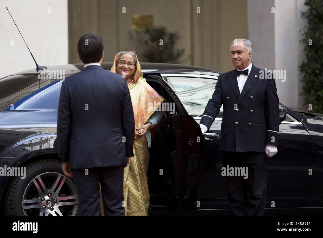 Italy's Prime Minister Giuseppe Conte greets Sheikh Hasina Prime Minister of Bangladesh at Chigi Palace in Rome, Italy on February 5, 2020. (Photo by Christian Minelli/NurPhoto) Stock Photo