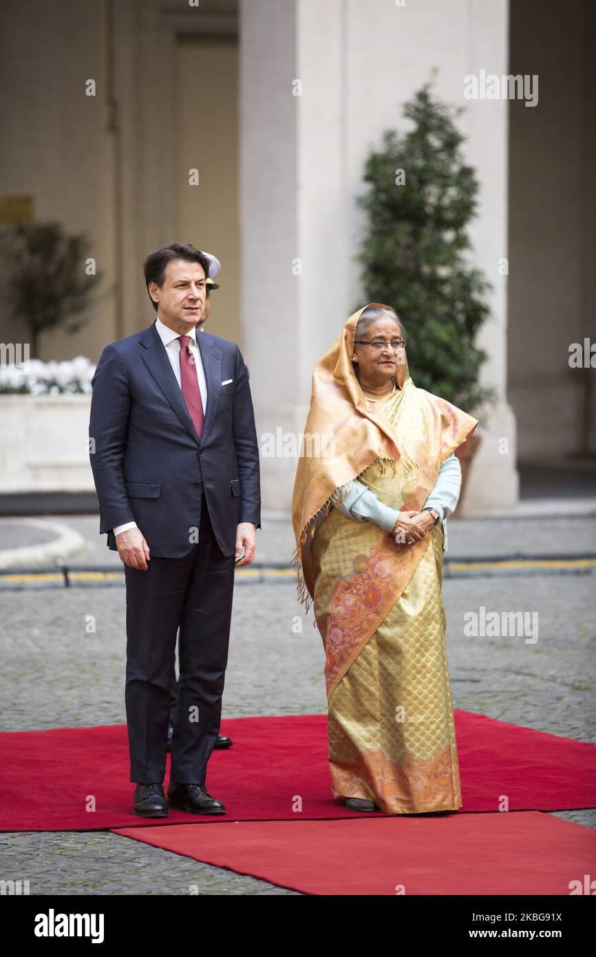 Italy's Prime Minister Giuseppe Conte stand with Sheikh Hasina Prime Minister of Bangladesh at Chigi Palace in Rome, Italy on February 5, 2020. (Photo by Christian Minelli/NurPhoto) Stock Photo