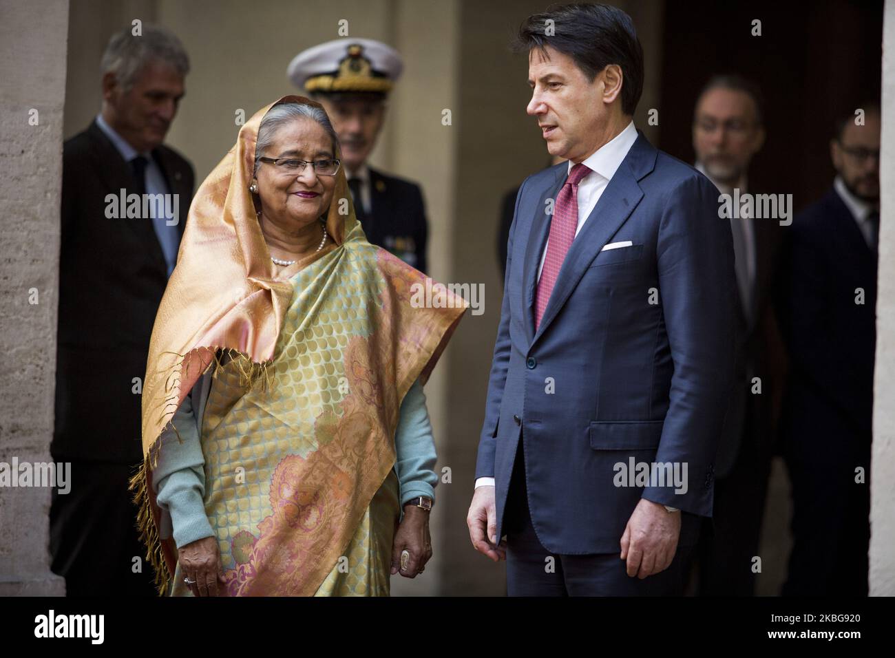 Italy's Prime Minister Giuseppe Conte and Sheikh Hasina Prime Minister of Bangladesh stand at Chigi Palace in Rome, Italy on February 5, 2020. (Photo by Christian Minelli/NurPhoto) Stock Photo