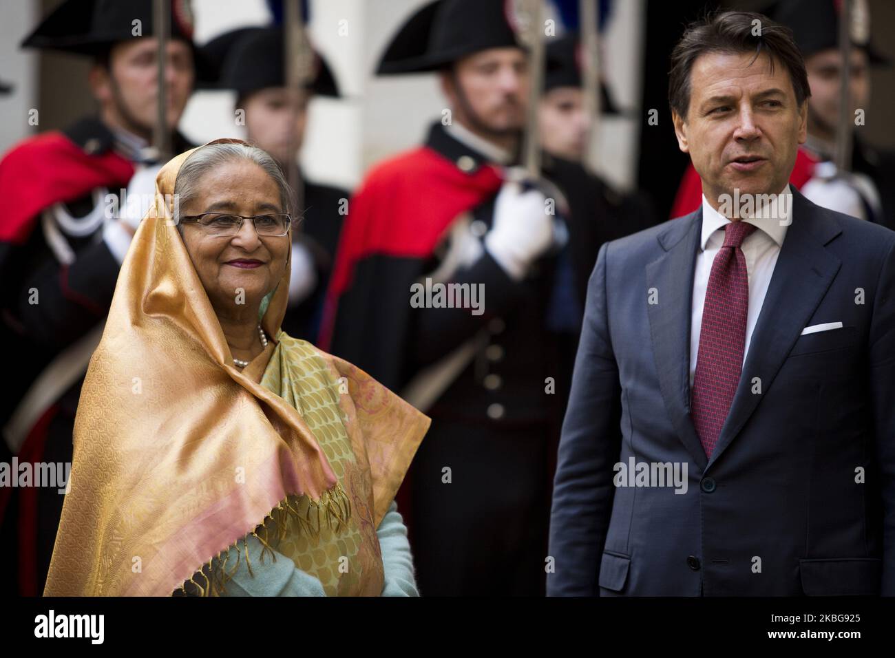 Italy's Prime Minister Giuseppe Contes welcomes Sheikh Hasina Prime Minister of Bangladesh at Chigi Palace in Rome, Italy on February 5, 2020. (Photo by Christian Minelli/NurPhoto) Stock Photo