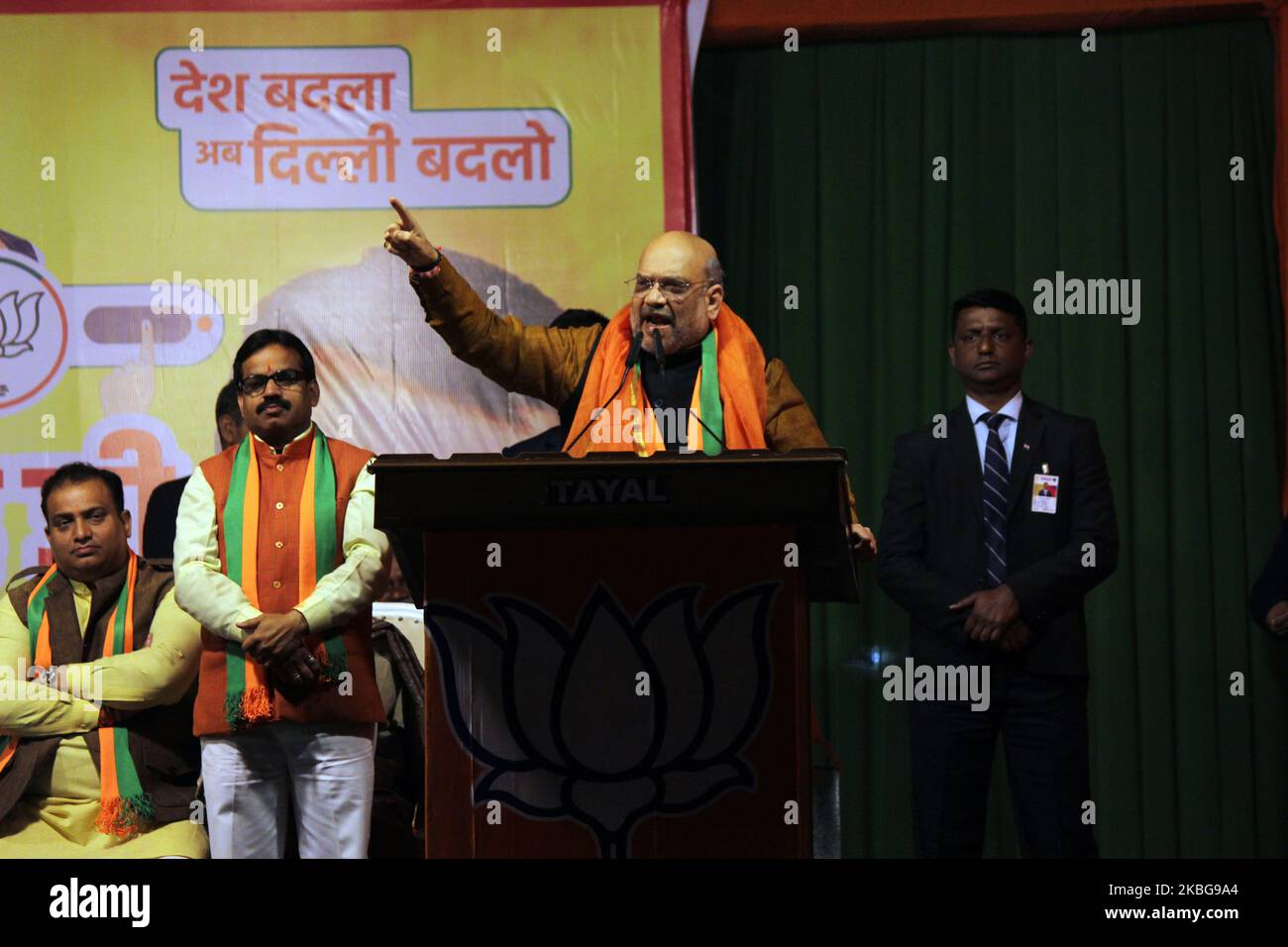 Union Home Minister Amit Shah addresses a gathering during a public meeting ahead of the upcoming Delhi Assembly elections, at Kondli, Mayur Vihar on February 5, 2020 in New Delhi, India. (Photo by Mayank Makhija/NurPhoto) Stock Photo